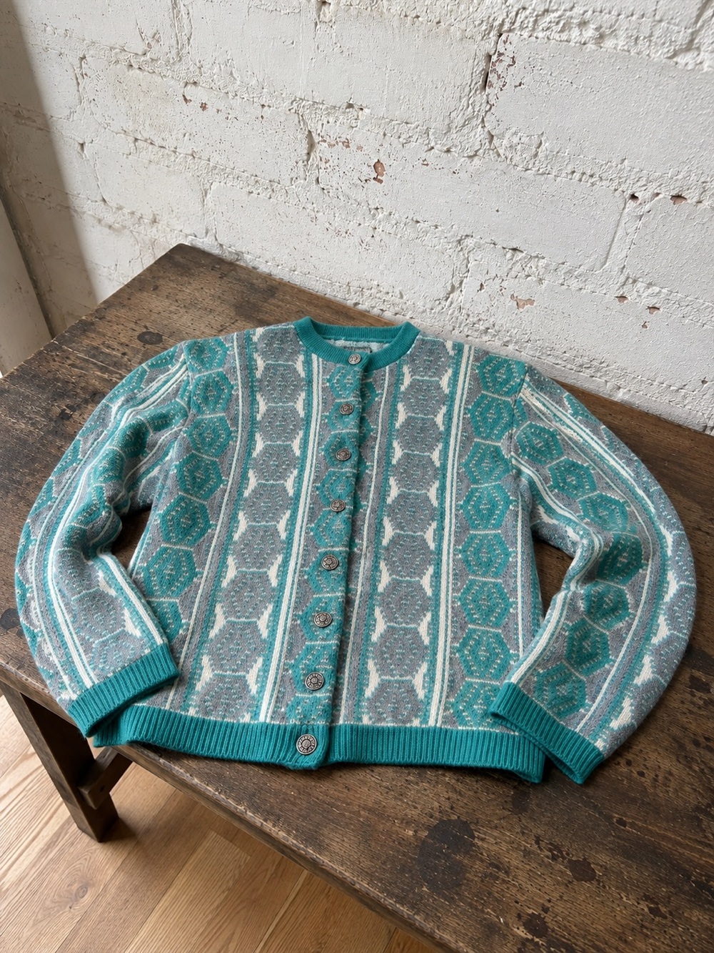 Elegant Vtg 60s Toby Delmar Geometric Knit Cardigan Ribbon Reinforced Button